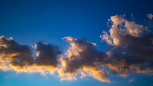 Dramatic sunset clouds illuminated by warm golden sunlight in a deep blue sky.
A stunning atmospheric photograph capturing a dramatic band of cumulus clouds drifting across a vibrant, deep blue sky 