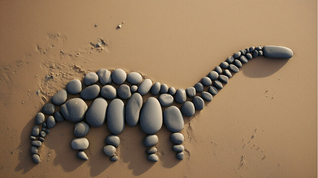 Silhouette of a plesiosaur crafted with gray river pebbles atop a sand shore