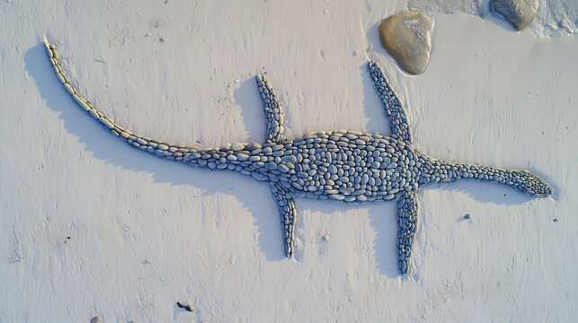 Silhouette of a plesiosaur crafted with gray river pebbles atop a sand shore