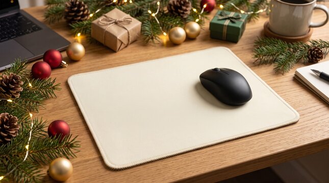 Christmas desk accessory mockup featuring one plain blank rectangular cream mouse pad placed on a wooden desk with a generic unbranded computer mouse, pine branches, ornaments, small gift boxes, and w