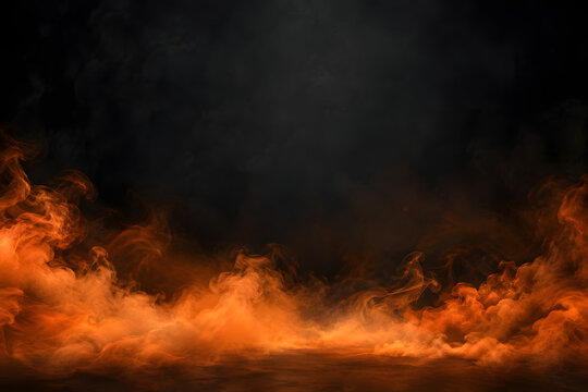 Vibrant orange fire flames and dense dark smoke rising from the bottom against a black background, creating an intense and dramatic atmosphere for design projects.