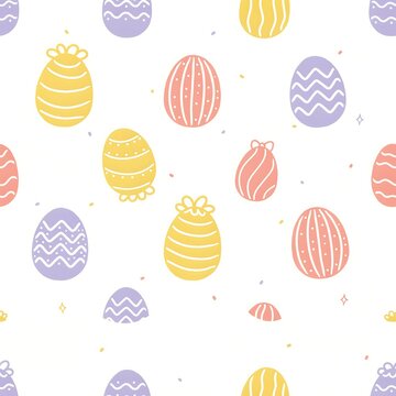 Seamless easter pattern with pastel eggs featuring various stripes and bow decorations