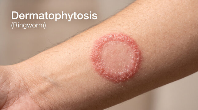Close up view of dermatophytosis ringworm fungal infection on human skin forearm arm