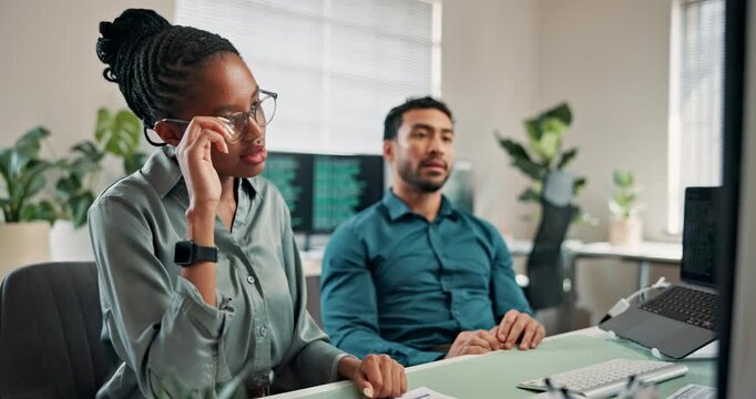 Stress, people and computer in office for programming, malfunction and failure with coding error. Frustrated, team and disappointed in workplace with pc, software setback and troubleshooting malware