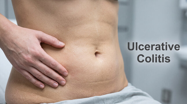 Patient holding hand on lower abdomen suffering from painful ulcerative colitis medical health condition