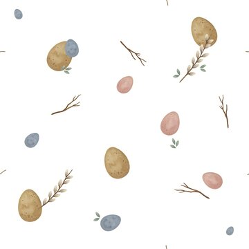 Seamless pattern with watercolor easter eggs and willow branches on a white background