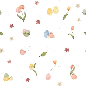 Watercolor easter seamless pattern with cute chicks, colorful eggs, tulips, and small flowers on a white background