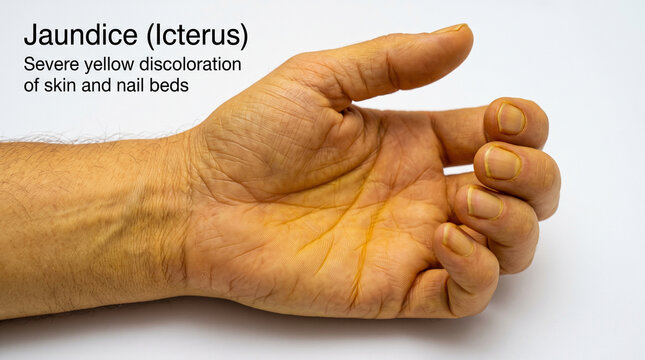 Detailed medical illustration demonstrating severe yellow discoloration of human skin and nail beds indicating jaundice