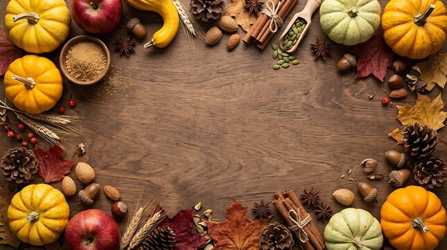 Autumn harvest composition with pumpkins, apples, nuts, cinnamon sticks, and fall leaves arranged as a frame on a rustic wooden background with copy space in the center
