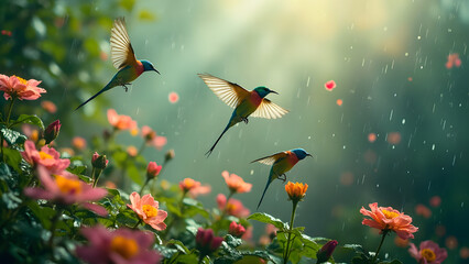 Fototapeta premium Colorful hummingbirds hovering and flying over blooming flower garden in gentle misty rain
