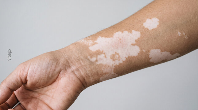 Close up human arm showing skin depigmentation patches from vitiligo disorder condition closeup lighting