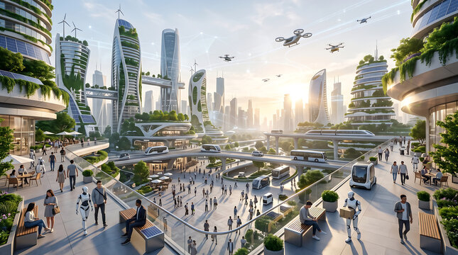 Futuristic eco-friendly smart city with vertical gardens, flying drones, and autonomous vehicles