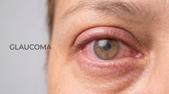 Extreme close up view of human eye showing symptoms of acute glaucoma and red vessels