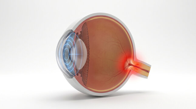 Detailed medical illustration showing human eye cross section highlighting optic nerve inflammation and pain