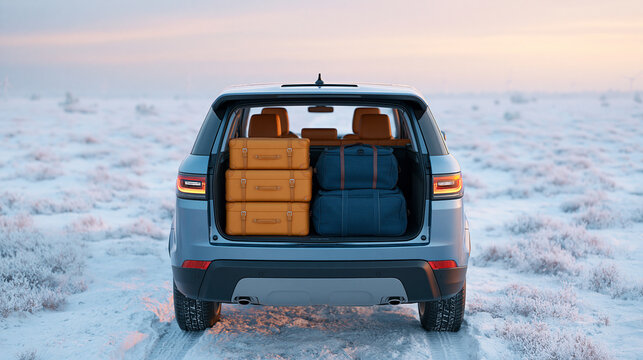Open car trunk packed with vintage luggage in winter landscape during sunset, ready for travel and road trip adventure.