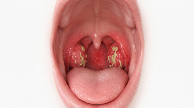 Human tonsillitis showing severe inflammation and white purulent exudate inside open mouth cavity