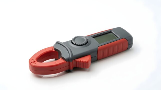 Red and gray digital clamp meter on white background