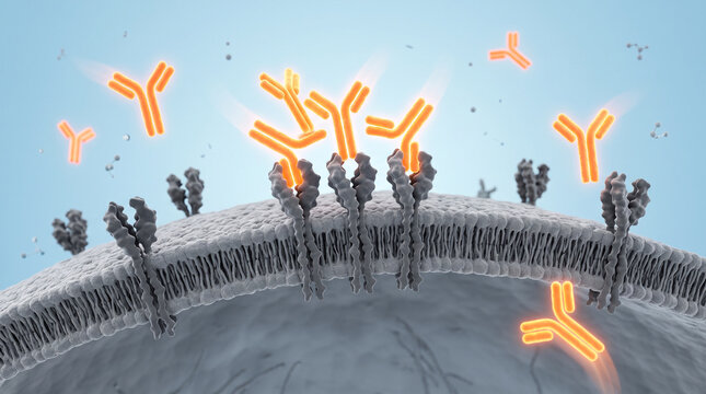 Glowing antibodies binding to cellular membrane receptors in microscopic medical 3d illustration view