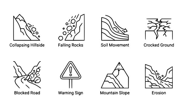 Landslide Geological Hazard Thin Line Web Vector Icon Set