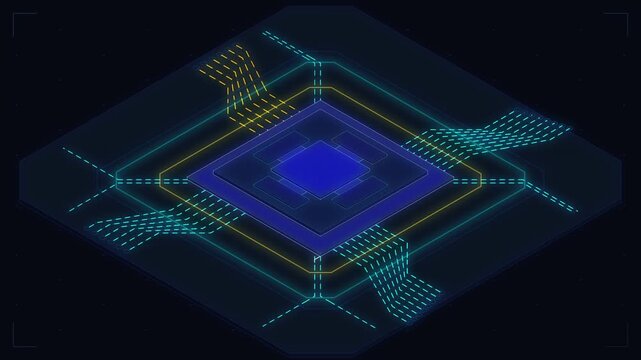 Futuristic isometric cyberspace loop with digital grid, data transfer, technology, innovation, network, cyber security, abstract background