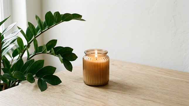 A lit scented candle in a ribbed glass jar placed on a light wooden table next to a lush green zamioculcas plant against a bright, minimalist white wall background