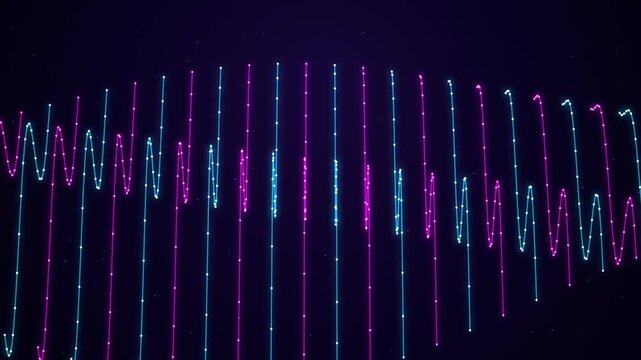 Neon glowing wave pulses moving across abstract space grid pattern dark digital light background.