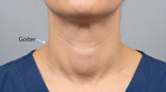 Detailed medical photograph highlighting an enlarged thyroid gland condition known as goiter on human neck