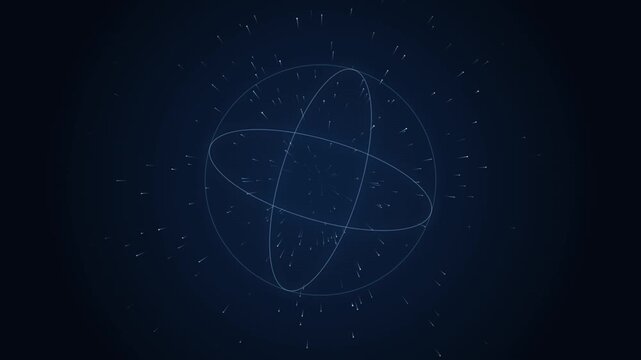 Rotating digital globe with orbital rings and particle light trails against dark backdrop.