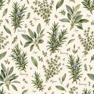 Vintage botanical pattern with rosemary sage and thyme herbs