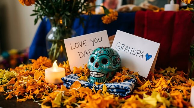 Dia de los muertos altar with a decorative teal sugar skull, marigold flowers, a lit candle, and handwritten notes saying love you dad and grandpa in memory of loved ones