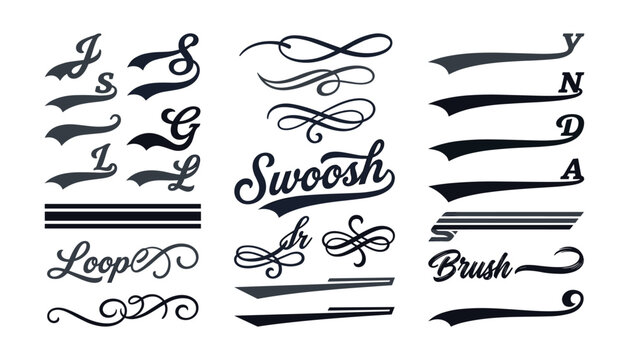 Typography tail swashes ornament and sport swoosh underline text dividers vector design collection with decorative calligraphic flourish curves.