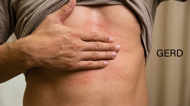 Man suffering from severe chest pain pointing hand towards his inflamed abdomen area indoors