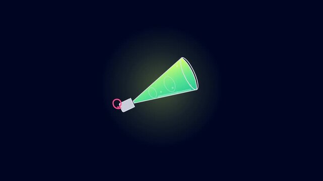 New Year party horn noisemaker filling with lime green liquid and wavy paper tongue loop on dark background