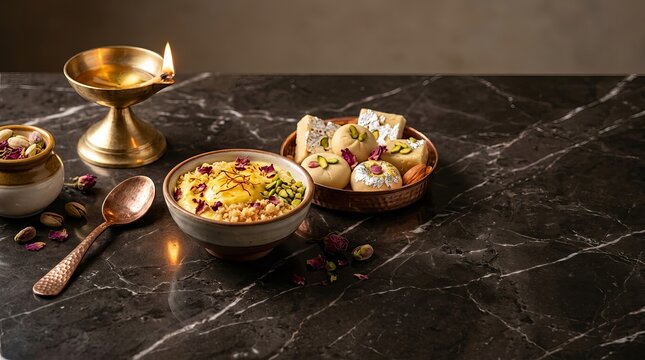 Creamy saffron kheer pudding served with traditional indian sweets badam barfi and peda on dark marble surface alongside burning brass diya lamp.