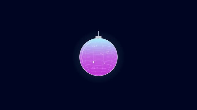 Hanging disco ball filling with cyan magenta liquid and glittering mirror tiles loop on dark background