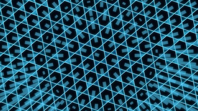 Blue neon geometric grid pattern motion background with pulsing light cycles for digital design.