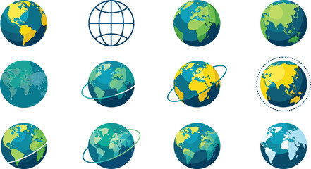 Global Earth Globe Icon Set with Colorful Planet Sphere Symbols Map Grids and Orbit Rings for World Logistics Communication Vector Graphics © rozina