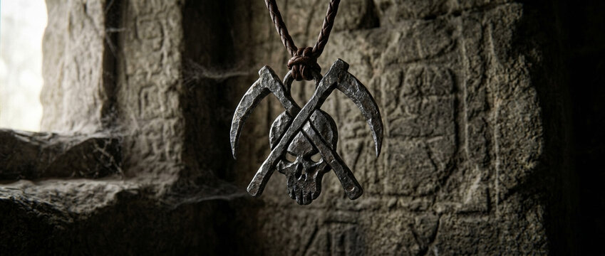 Ancient Skull and Scythes Pendant Necklace on Carved Stone Wall Mysterious Symbol