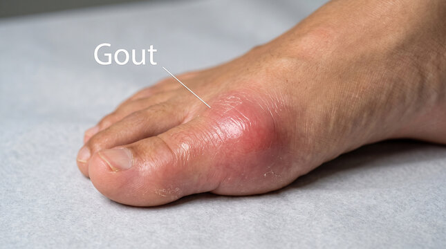 Inflamed painful toe joint showing symptoms of gout arthritis disease during a medical examination