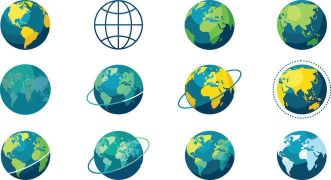 Global Earth Globe Icon Set with Colorful Planet Sphere Symbols Map Grids and Orbit Rings for World Logistics Communication Vector Graphics