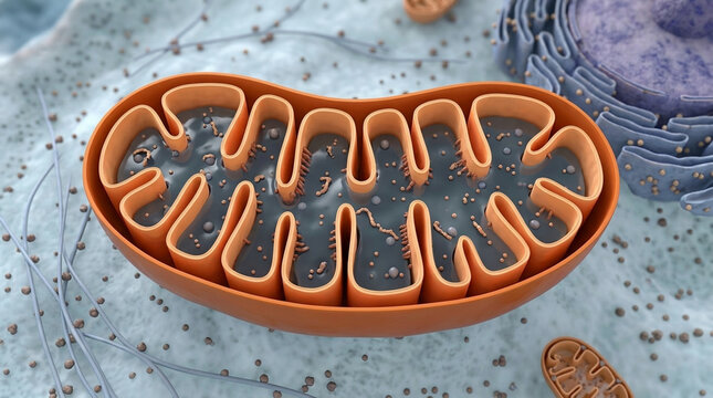 3D illustration of a mitochondrion the powerhouse of the cell with detailed internal structure science and biology concept