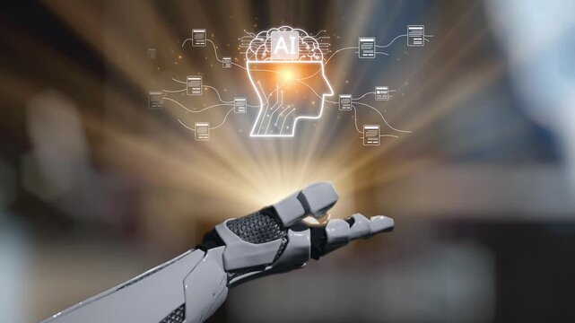 A futuristic robotic hand reaches toward an illuminated AI brain, symbolizing the intersection of technology and human potential in a rapidly evolving digital landscape. Salient