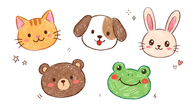 Cute handdrawn animal faces set including cat dog rabbit bear and frog isolated on transparent background