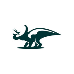 A stylized dark green vector graphic illustration of a triceratops dinosaur standing on a patch of ground against a white background © Pernah