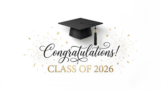 Celebratory graduation cap with congratulatory message for the class of 2026 on a white background
