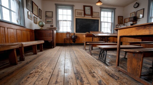 Traditional school classroom interior with polished wooden floors, wooden desks and chairs, educational furniture, organized student seating, and a warm academic atmosphere for learning, teaching, edu