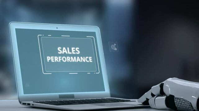 Futuristic robot interacts with a laptop, displaying sales performance data through dynamic visual elements in a sleek office setting, signifying the integration of technology in business. Salient