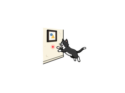 Black And White Cat Chasing Red Laser Dot On Wall With Framed Picture Vector Illustration
