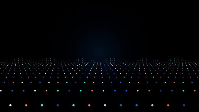Glowing colorful light particles moving in rhythmic waves across dark digital grid surface.