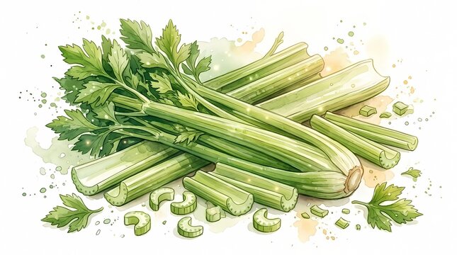 ​Watercolor illustration of fresh green celery stalks and chopped pieces isolated on a white background